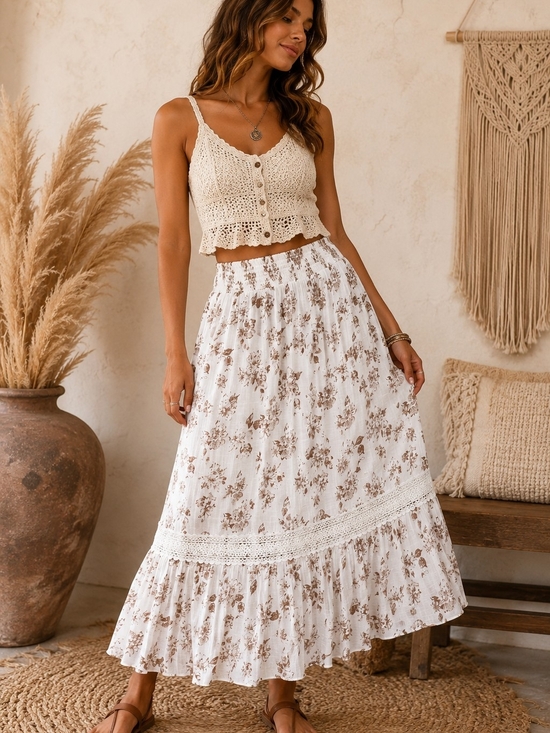jgee Dresses & Skirts - Boho Floral Lace Trim Midi Skirt | Size Medium
